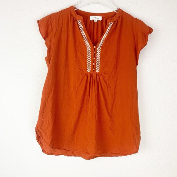 Bohme Top Women Small Rust Boho Prairie Blouse Flutter Sleeve Embroidered V-neck - Picture 1 of 8
